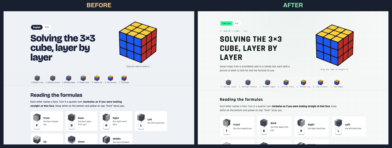 A pull request comment showing a before and after screenshot of a Rubik's cube tutorial page, restyled from a rounded sans-serif look to a monospace, grid-paper look.